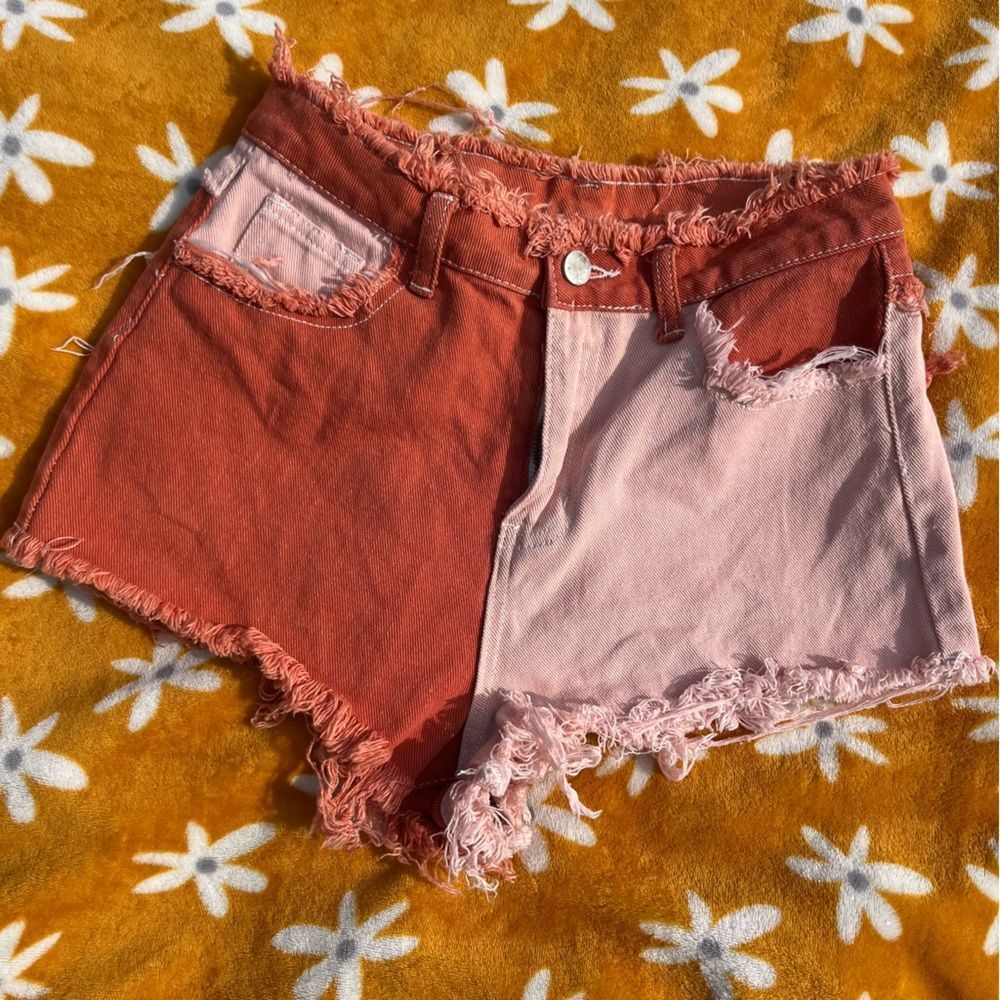 Two Tone Zipper Fly Raw Edge Denim High Waisted Colorblock Shorts Size Small